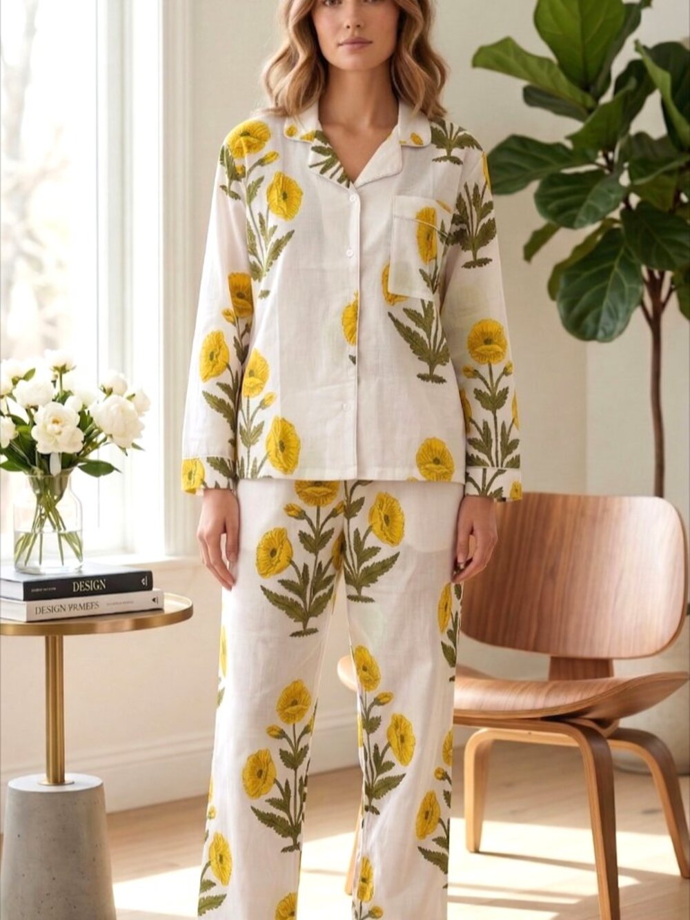 Floral Cotton Pajama Set, Hand Block Print, Ladies Lounge and Sleepwear